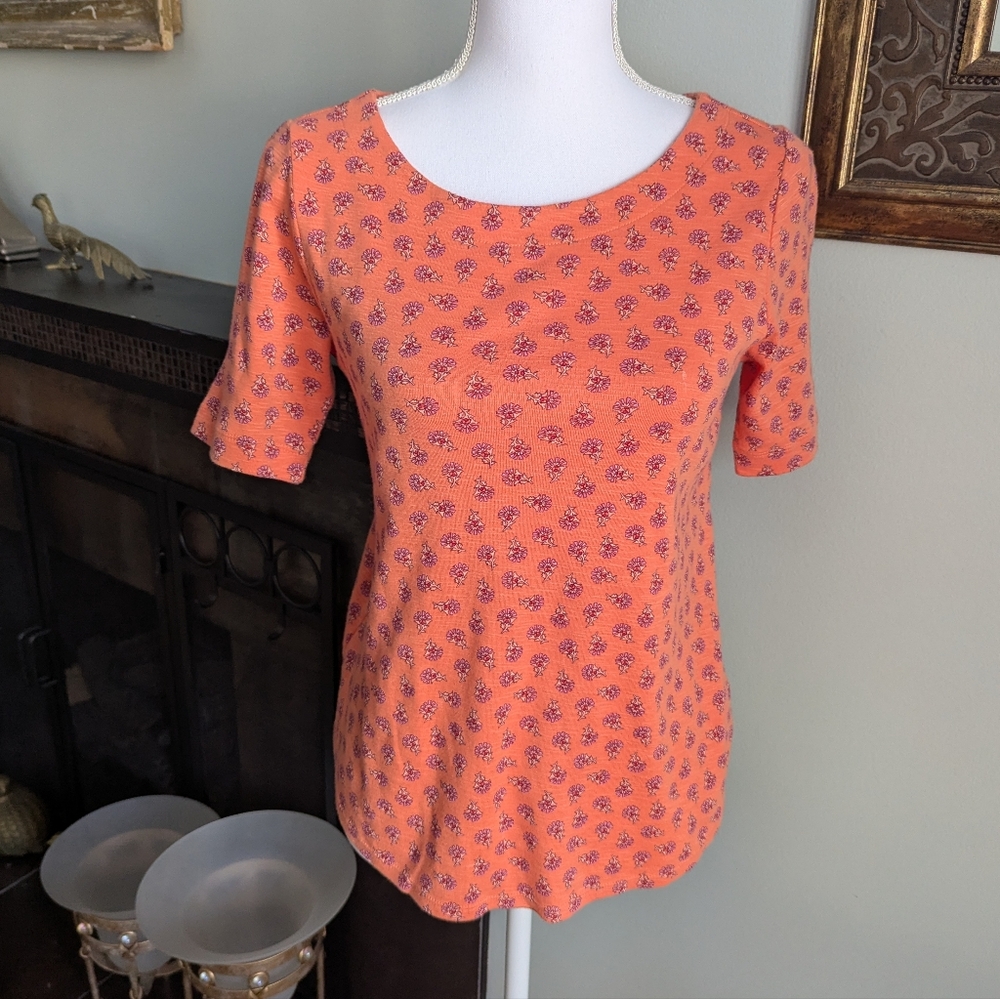 J.Jill Petites Women's XS Petite Pima-Slub Elbow-Sleeve Tee Orange Floral Top